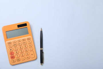 Calculator and pen on light background, flat lay. Space for text