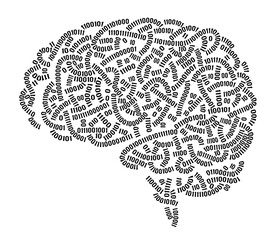 Side view brain consist of binary codes. Black and white vector illustration