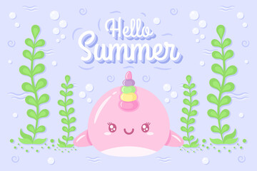 Hello Summer cute whale drawing under the water