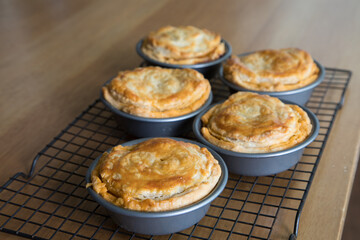 Cooked meat pies in tins on backing rack