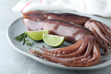 Fresh raw squids with lime and rosemary on light marble table, closeup