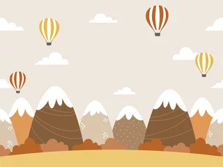 Wall murals Childrens room Seamless background design with mountains, forests, clouds, and hot air balloons in autumnal colors. Cartoon style fall landscape illustration. For poster, web banner, kids room wall paper, etc.