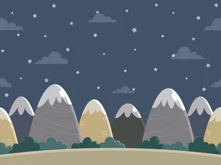 Foto auf Acrylglas Babyzimmer Nahtloses Hintergrunddesign mit Bergen, Wäldern, Wolken und kleinen Sternen. Karikaturart-Nachtlandschaftsillustration. Für Poster, Webbanner, Kinderzimmertapeten usw.