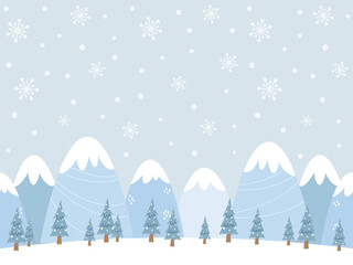 Seamless winter background design with snowcapped mountains, falling snow, and trees. Cartoon style winter landscape illustration. For poster, web banner, greeting cards, etc.