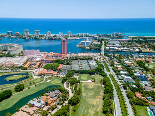 aerial drone of Golf course in Boca Raton, Florida with city