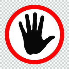Obraz premium No symbol, silhouette of human hand in red circle. Flat vector drawing isolated on transparent background, EPS 8.