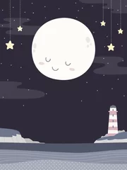 Fototapete Rund Night ocean scene illustration with cute moon, hanging stars, and lighthouse. Cartoon style childish illustration of sleeping moon and night ocean. © Torico
