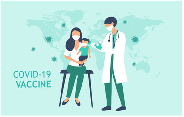 Doctor giving vaccine Covid-19 to family. Vaccination and prevention against covid-19 coronavirus disease pandemic vector illustration