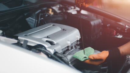 Naklejka premium Auto mechanic working in garage. Repair service.Check engine oil level.