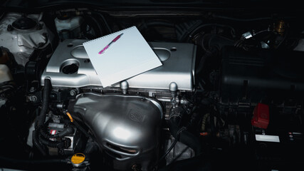 Auto mechanic working in garage. Repair service.Documents and pens are placed on the engine to verify the correctness of the repair.