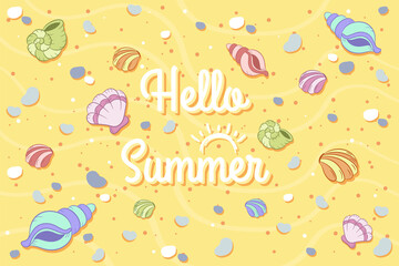 Hello Summer cute colorful drawing shells on the beach