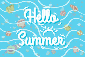 Fototapeta na wymiar Hello Summer cute colorful drawing shells on the beach