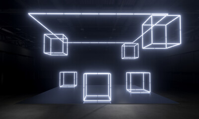 Fototapeta premium Exhibition standing for mockup and Corporate identity.Neon light. Retail booth design elements in Exhibition hall.3d render.
