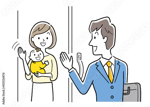 Fototapete ベクターイラスト素材 仕事へ出勤するサラリーマンの夫を見送る妻と子供 ケイーゴ K