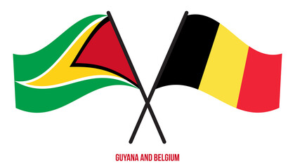 Guyana and Belgium Flags Crossed And Waving Flat Style. Official Proportion. Correct Colors.