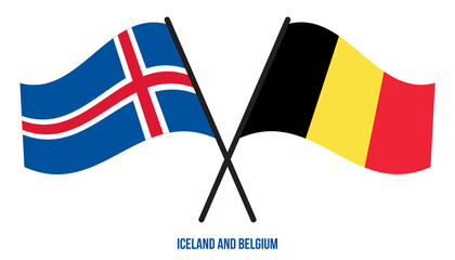 Iceland and Belgium Flags Crossed And Waving Flat Style. Official Proportion. Correct Colors.