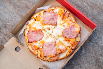 pizza cheese and ham in pizza box, pizza homemade