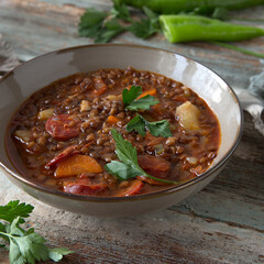traditional spanish soup with lentils and chorizo on a wooden table