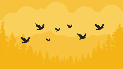 flying bird silhouette, yellow toned background