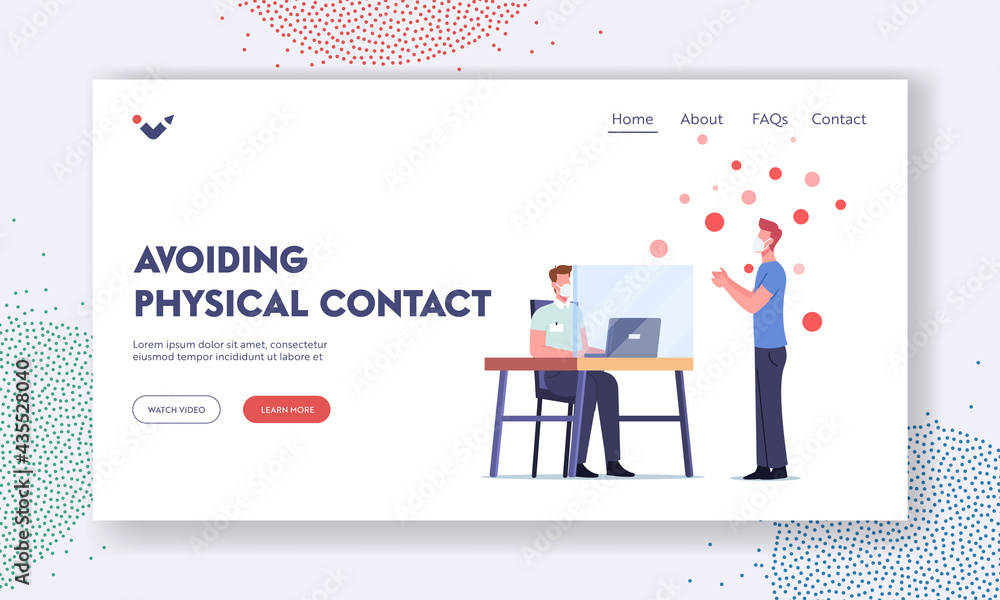 Poster avoiding physical contact landing page template. character in mask visiting bank with worker sitting
