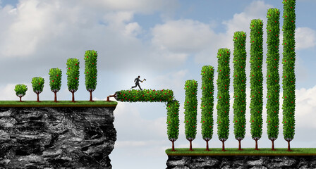 Growth investing strategy as a business concept to increase investor capital as a financial metaphor with an entrepreneur businessman chopping down a profit tree to form a bridge to wealth.