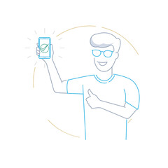 a man holding a phone with a big green checkmark on the screen in line draw style icon