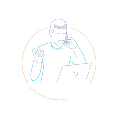 Man with a hand holding a phone talking with client in line draw style icon