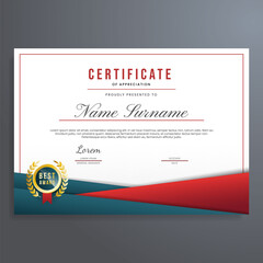 Certificate of appreciation design template vector with dark blue, red, and gold badge, can be used for diploma, completion, achievement, etc