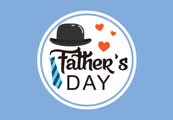 Happy Father's Day greeting card with typography design, hat, tie, on blue background. flat style illustration design. vector illustration
