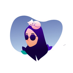 Flat design hijab girl with cat on her head