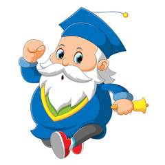 The santa claus is using the bachelor and holding the bell of the illustration