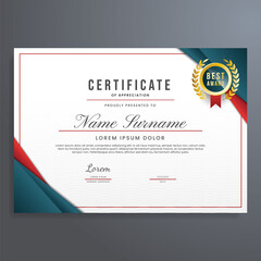 Certificate design template vector, certificate of appreciation with dark blue, red, and gold badge, can be used for diploma, achievement, completion, etc