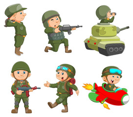 The collection of the soldier man with the costume and holding the gun