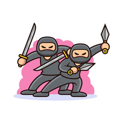 Cute Ninja with Sword Cartoon. People Vector Icon Illustration, Isolated on Premium Vector
