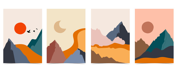 Collection d& 39 arrière-plan de paysage naturel avec montagne, mer, soleil, lune. Illustration vectorielle modifiable pour site Web, invitation, carte postale et affiche