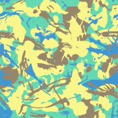 Grunge camouflage pattern, blue and yellow monochrome. Urban fashion clothing style masking camo print. Pastel colors texture. Design element. Raster copy illustration  