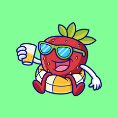 Strawberry Relax with Swim Ring Cartoon. Fruit Vector Icon Illustration, Isolated on Premium Vector