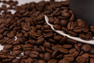 Coffee beans and coffee on a white background