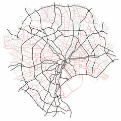 Obraz premium Tokyo city map (Japan) - town streets on the plan. Monochrome line map of the scheme of road. Urban environment, architectural background. Vector 