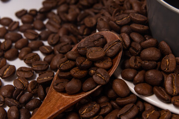 Coffee beans and coffee on a white background