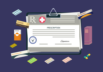 RX prescription pad. Medical paper form document. Doctor's prescription blank with drugs, pills, blister pack. Recipe design concept, rx template for design with signature on the clipboard. Vector