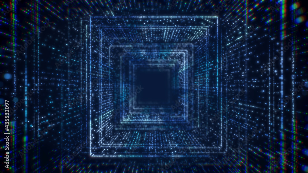 Poster Abstract technology background with grid particle fly through, square shape