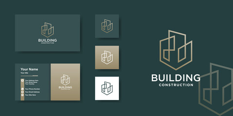Building logo template with creative golden line art concept Premium Vector
