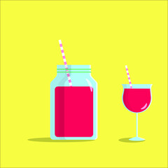Close-up graffin and glass with fresh strawberry juice and straw with shadows and highlights on yellow isolated background. Summer refreshments
