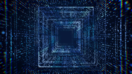 Abstract technology background with grid particle fly through, square shape