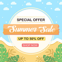 Summer sale social media banner with beach and tropical plant