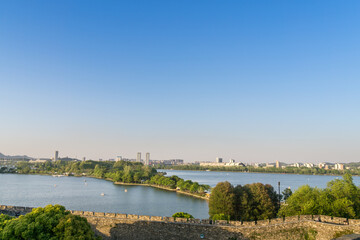 Fototapeta premium Gardening and retro architecture in Xuanwu Lake Park, Nanjing, Jiangsu, China