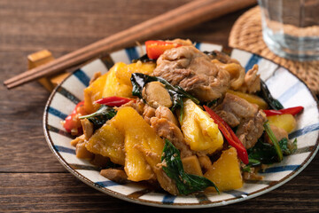 Stir-fried Taiwanese Three Cup Chicken with pineapple.