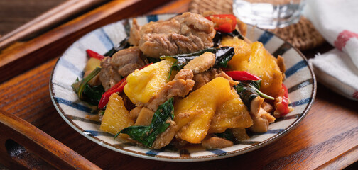 Stir-fried Taiwanese Three Cup Chicken with pineapple.