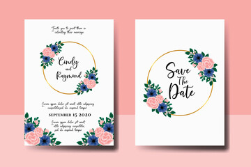 Naklejka na ściany i meble Wedding invitation frame set, floral watercolor hand drawn Rose With anemone Flower design Invitation Card Template